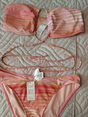 Cupshe Pink & Peach Striped Bandeau Long Straps To Tie In Different Way Bikini
